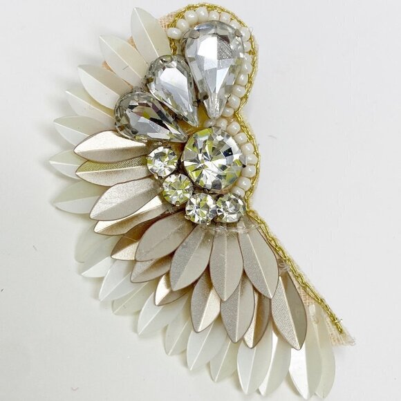 White Cream Beaded Crystal Geometric Semicircle Fan Statement Earrings - Picture 5 of 6